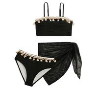 Happy Cherry 3 Pieces Girls Bikini Set Kids Adjustable Spaghetti Strap Tankini with Cover Up Mesh Skirt Swimming Costume Beach Bathing Suit Black 12 Years