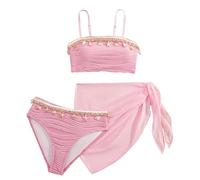 Happy Cherry 3 Pieces Girls Bikini Set Kids Adjustable Spaghetti Strap Tankini with Cover Up Mesh Skirt Swimming Costume Beach Bathing Suit Light Pink 12 Years