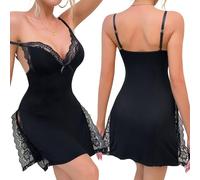 Happy Cherry Adjustable Strap A-line Slim Pajama for Women Transparent Slit Hemline Short Lightweight Chemise Anniversary Black XL