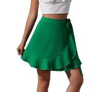 Happy Cherry Adjustable Waistband Draped Mini Wrap Skirt for Ladies Irregular Hem Ruffle Lightweight Layers Flared Short Wrap Skirt Casual Green L