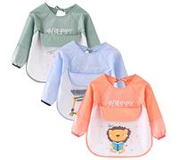 Happy Cherry Baby Waterproof Weaning Bibs Boys Grils Long Sleeve Feeding Smocks Unisex Adjustable Apron Little Kids Soft Protection Clothes with Pocket 12-24 Months 3 Pieces