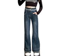 Happy Cherry Bell Bottom Jeans Girls Kids Flared Trousers Y2K Style Denim Pants Elastic Waistband Vintage Casual Trousers Blue 7-8 Years