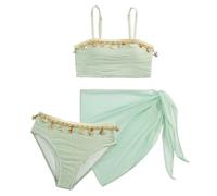 Happy Cherry Girls Bikini Set 3 Piece Seashell Decorations Swimming Tops Bottoms with Bowknot Cover Up Sets Solid Color Swimwear Bathing Suit Green 10 Years