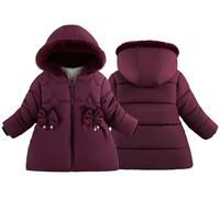 Happy Cherry Girls Hooded Winter Coat Warm Fleece Lined Quilted Jacket Windproof Outerwear with Cute Bows and Pockets Wine Red 1-2 Years