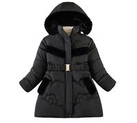 Happy Cherry Girls Mid Long Warm Jacket Fleece Lined Winter Snow Coat Fur Hooded Warm Outerwear With Waist Belt Black 8-9 Years