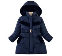 Happy Cherry Girls Mid Long Warm Jacket Fleece Lined Winter Snow Coat Fur Hooded Warm Outerwear With Waist Belt Navy Blue 8-9 Years