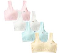 Happy Cherry - Girls Sports Bra Crop Top Underwear Training Bra Cotton Bralette Stretch Soft Pads Wireless with Wide Strap 4 Pieces Kid to Teen for 8-14 Years White Pink Blue Color