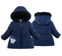 Happy Cherry Girls Winter Puffer Jacket Toddler Puffer Zip Jackets Girl Padded Long Coat with Fur Hood Windproof Warm Outerwear for Kids Navy Blue 100