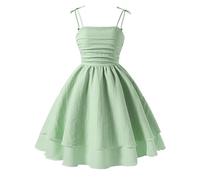 Happy Cherry Green Summer Dresses for Teens Girls 12 Years Spaghetti Strap Midi Casual Sleeveless Sundress Swing Smocked A Line Beach Boho Dress