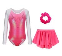Happy Cherry Gymnastics Set for Girls Leotard with Skirt Sparkly Design Athletic Leotards Long Sleeve Unitard Clothes Pink 7-8 Years