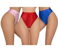 Happy Cherry Invisible Soft Silky High Waist Panties for Women Shiny Oily Tangas Stretch Light Weight Essential Hipster Panties 3 Pack Red Pink Blue M