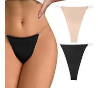 Happy Cherry Invisible Thongs for Women Transparent Clear Straps T-Back Stretch Light Weight Bikinis Elastic Breathable Cheeky Knickers 2 Pack Black Flesh S