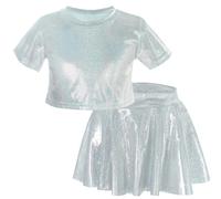 Happy Cherry Kids Girls Metallic Short Sleeve Crop Top with Elastic High Waist Skater Skirt Set Shiny Modern Jazz Hip-hop Dance Costume Silver 150