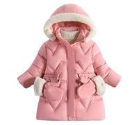 Happy Cherry - Kids Padded Puffer Coats Girl Fleece Hooded Jackets Winter Warm Hoodie Coat Windproof Down Jackets Zipper Solid Outwear with Warm Mitten Age 2-7 Years