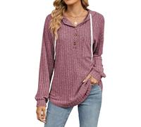 Happy Cherry Ladies Long Sleeve Elastic Cuffs Tops Elegant Knit Striped Sweatshirt Women Casual Office Work Hoodie with Drawstring Pink L
