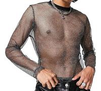 Happy Cherry Men’s See Through Mesh Shirt Sexy Transparent Fishnet Casual Tops Round Collar Muscle Blouse Party Club Disco Shirt Black M