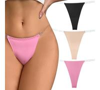 Happy Cherry Seamless Cheeky Thongs for Women Soft Elastic Low Waist Briefs Clear Spaghetti Straps Light Weight Stretch Basic Panties 3 Pack Black Flesh Pink M