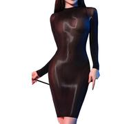 Happy Cherry Shiny Oily Bodycon Dress for Women Stretch High Elastic Light Weight Glossy Bodystockings Wet Look Slim Mini Dress Black