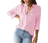 Happy Cherry Shirt Blouse Women Elegant Long Sleeve Blouses V-Neck Shirts Casual Work Striped Shirts Tops with Chest Pockets XL Pink