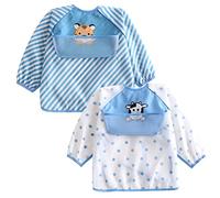 Happy Cherry Sleeved Bibs Unisex Baby Waterproof Feeding Bibs Toddler Long Sleeve Coverall Easy Clean Apron Bibs Infant Cartoon Cute Painted Smock Clothes with Pocket 6-18 Months