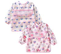 Happy Cherry Sleeved Bibs Unisex Baby Waterproof Feeding Bibs Toddler Long Sleeve Coverall Easy Clean Apron Bibs Infant Cartoon Cute Painted Smock Clothes with Pocket 6-18 Months