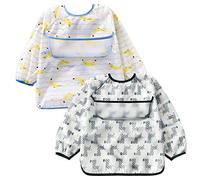 Happy Cherry Sleeved Bibs Unisex Baby Waterproof Feeding Bibs Toddler Long Sleeve Coverall Easy Clean Apron Bibs Infant Cartoon Cute Painted Smock Clothes with Pocket 6-18 Months