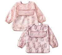 Happy Cherry Toddler Bibs with Sleeves Baby Waterproof Feeding Apron Girl Easy Clean Coverall Painting Bibs with Front Collection Pocket Pack of 2 for 3-5 Years Old