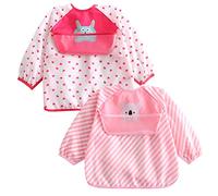 Happy Cherry Toddler Bibs with Sleeves Baby Waterproof Feeding Apron Girl Easy Clean Coverall Painting Bibs with Front Collection Pocket Pack of 2 for 3-5 Years Old