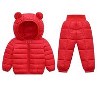 Happy Cherry - Toddler Boy Girls 2 Piece Snowsuit Baby Padded Down Jacket with Snow Trousers Pants Toddler Puffer Hooded Coat Winter Cute Outfits Set Kids Solid Casual Outerwear for 0-5 Years Red