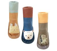 Happy Cherry- Toddler Shoes Socks Slipper First Walking Shoes Stocking 3 Pack Floor Socks Soft Anti-Slip Bottom Knitted Socks Cartoon Non Slip Indoor Shoes for Baby Boys Girls Thicken 0-18 Months