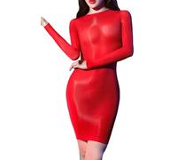 Happy Cherry Women Shimmering Glossy Slim Bodystockings Soft Silky One Size Dress Smooth Stretch Shaping Dance Club Bodycon Dress Red