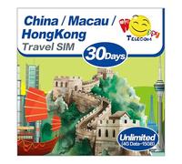 Happy China SIM Card | Mainland China, Hong Kong, Macau 30 Days Unlimited Travel SIM Card | 15GB High Speed Data 4G LTE & 128kbps | Compatible with Google, Whatsapp,