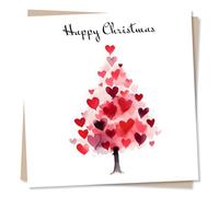 Happy Christmas Card With Pink and Red Hearts - Christmas Tree Of Hearts Design - Merry Christmas Card For A Friend Or Loved One Over The Festive Period