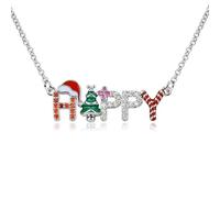 Happy Christmas Crystal Pendant Necklace for Women Dainty CZ Red Green Santa Hat Flower Tree Charms Link Choker Chain Necklaces Adjustable Fashion Xmas Festival Holiday Decor Jewelry Gift 20 inch