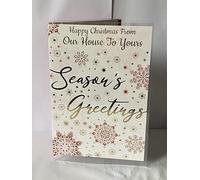 Happy Christmas From Our House To Yours Season's Greetings Christmas Card Our House To Your House White-Red/Gold Snowflakes/Gold Words Foil Detail(PH50231A)