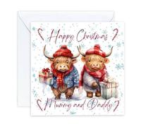 Happy Christmas Mummy and Daddy CHRISTMAS Card CUTE Highland cow