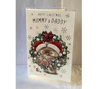 Happy Christmas Mummy & Daddy Christmas Card Teddies/Wreath/Red Bow Foil Detail(NC-VX142B)