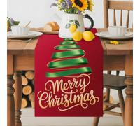 Happy Christmas Stars with Green Ribbon Xmas Tree Table Runner 36 Inches Long, Red Washable Table Runners Heat-Insulation Kitchen Dining Table Decorations for Home Party Decor 13x36in