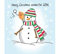 Happy Christmas Wonderful Son Card - Funny Snowman and Snowball Design - 16cm Square Christmas Card with Envelope - Printed in the UK on Responsible Forestry Paper