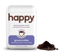 Happy Coffee Dark Roast Ground Coffee 12 Ounce Notes of Cocoa and Cheer Recyclable Container Grown and Harvested in Brazil, Rwanda and Colombia