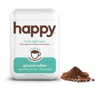 Happy Coffee Lightweight Ground Coffee 12 oz Cashew and Elation Notes Recyclable Container Grown and Harvested in Colombia, Brazil and Guatemala