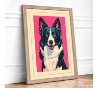 Happy Collie Framed Wall Art Print A4 Oak