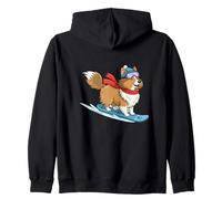 Happy Collie Puppy On Blue Snowboard Winter Fun Zip Hoodie