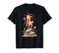 Happy Colorful Goat On Rock with Flowers Hearts T-Shirt