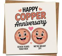 Happy Copper Anniversary Card - Funny 7th Anniversary “We’re Meant 2p” Pun for Couples - 145mm x 145mm - Kraft Envelope Included