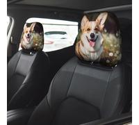 Happy Corgi Dog Car Seat Headrest Cover 2 PCS, Soft Stretchable Fabric Car Head Rest Protector Dustproof Removable Car Headrest Covers Universal Vehicle Accessories