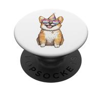 Happy Corgi Dog in Party Hat and Sunglasses PopSockets Adhesive PopGrip