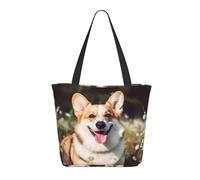 Happy Corgi Dog Tote Bag for Women Large Shoulder Bag with Zipper Travel Handbag with Pockets Reusable Shopping Bag Casual Aesthetic Beach Bags