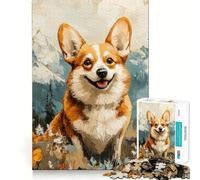 Happy Corgi in Mountain Landscape Painting Jigsaw Puzzles for Teenagers 1000 Brain Think Precise Cut Real Challenge Art Piece (38x26cm)