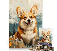 Happy Corgi in Mountain Landscape Painting Jigsaw Puzzles for Teenagers 1000 Brain Think Precise Cut Real Challenge Art Piece (38x26cm)